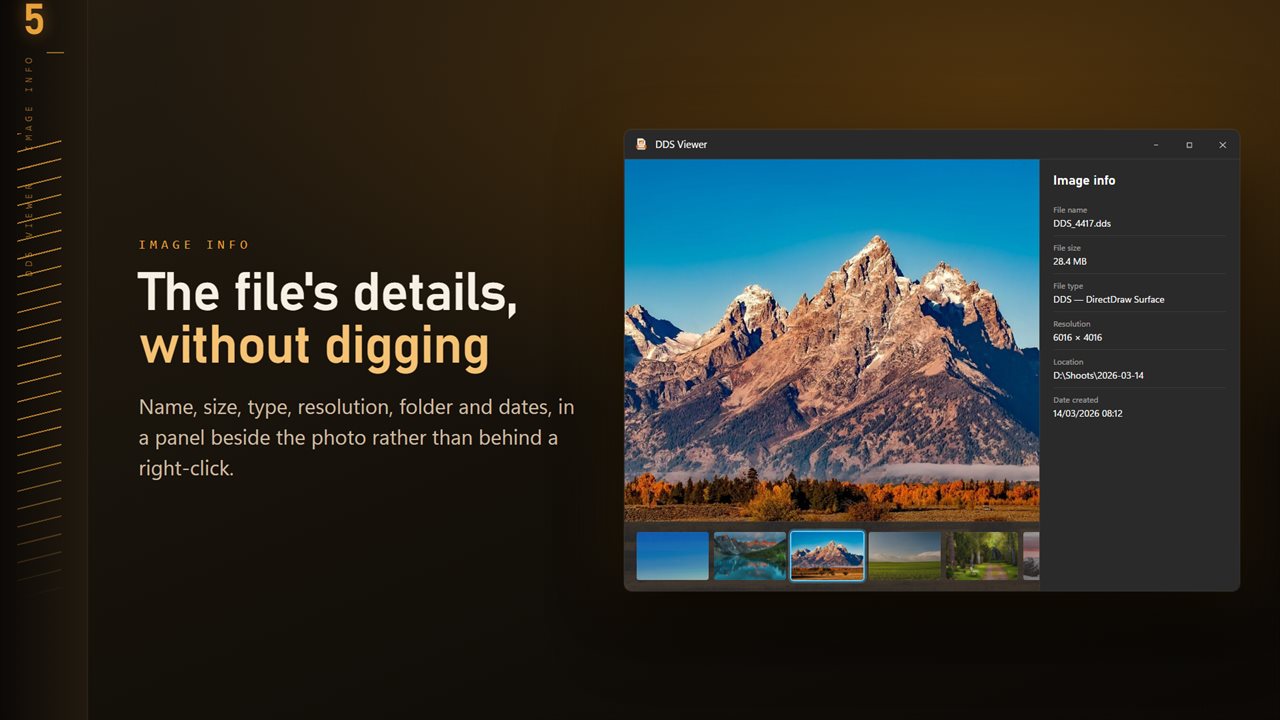 Name, size, type, resolution and dates, in a panel beside the image.