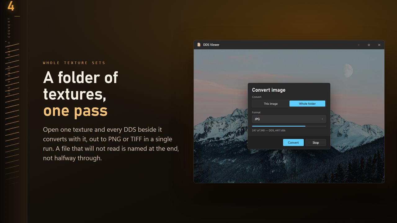 Convert a whole folder in one pass. One unreadable file never stops the run.