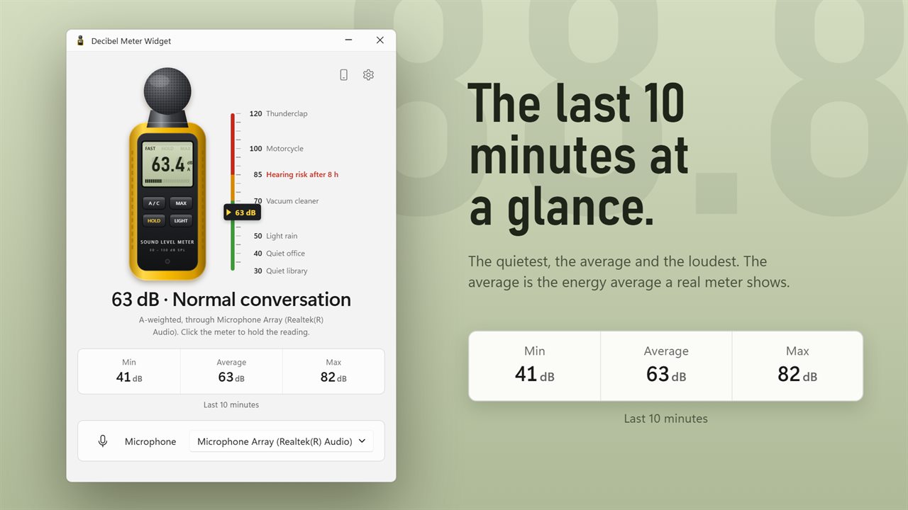 The lowest, average and loudest level of the last 10 minutes.