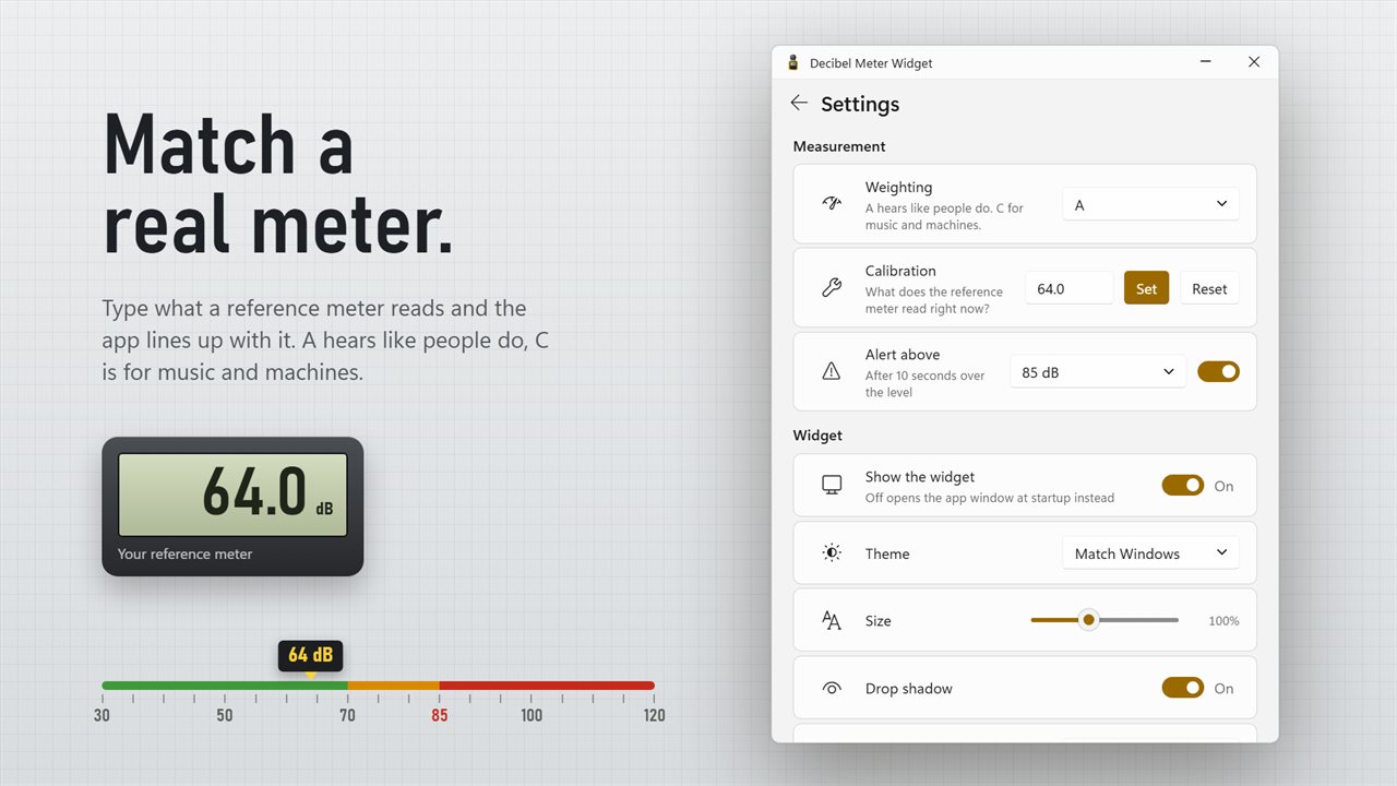 Calibrate against a real meter, and choose A or C weighting.