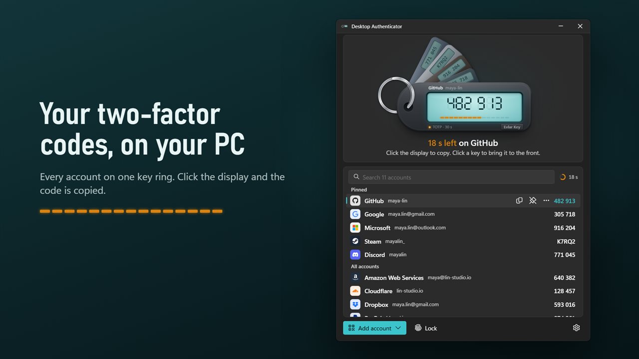 Your two-factor codes on your PC. Click the display to copy.