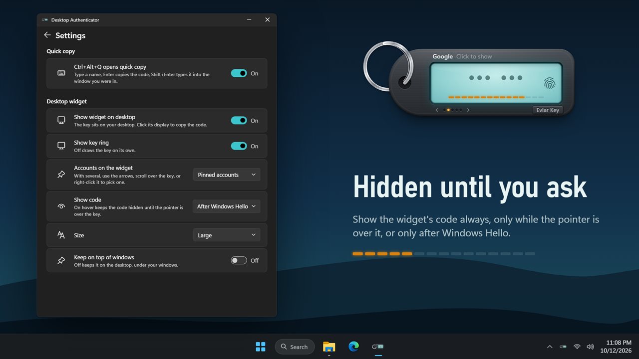 Hide the widget's code until you hover over it or unlock with Windows Hello.