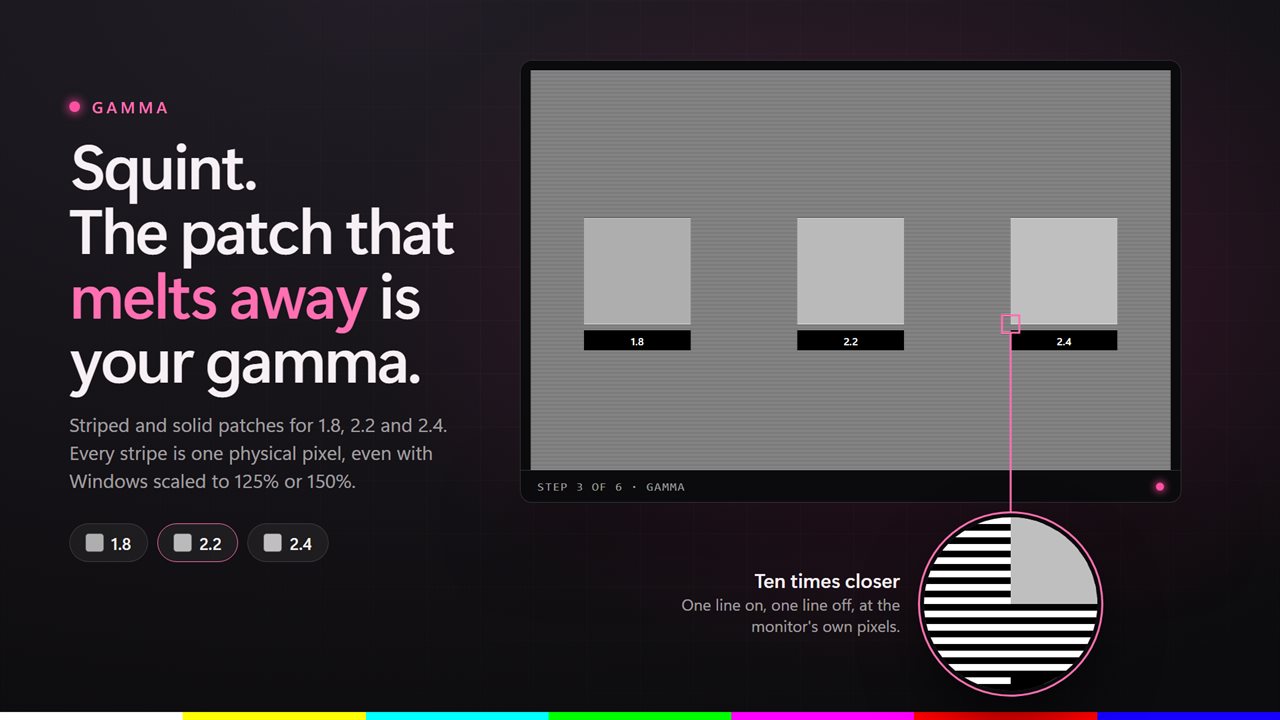 Check gamma against 1.8, 2.2 and 2.4, with lines drawn at the display's own pixels.