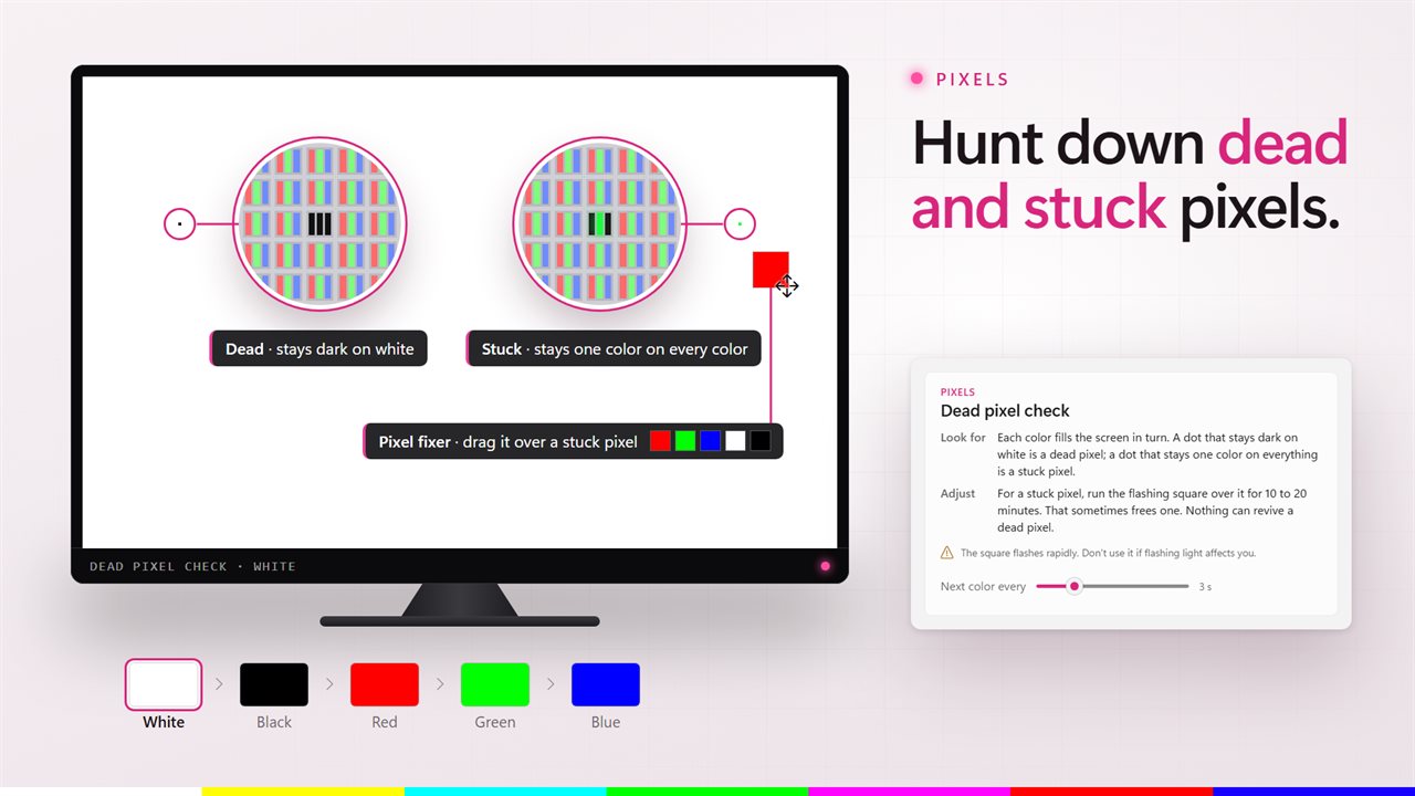 Find dead and stuck pixels, and try the pixel fixer on a stuck one.