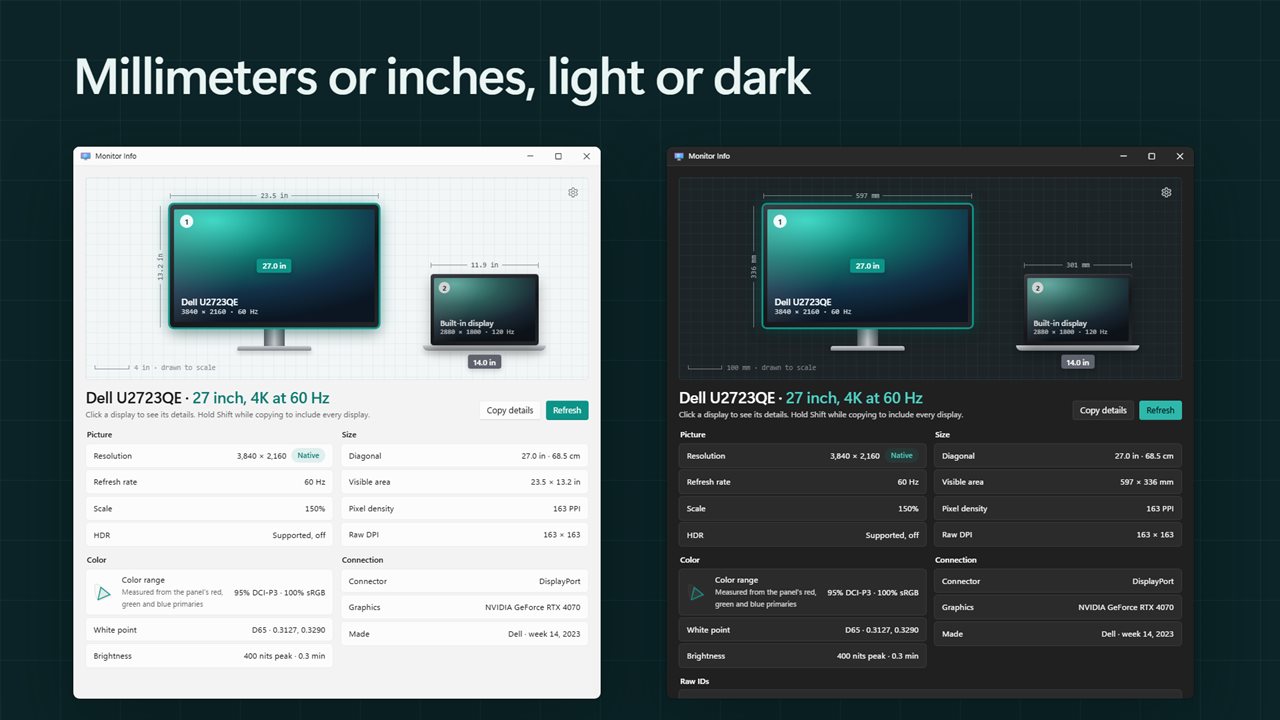 Millimeters or inches, light or dark.