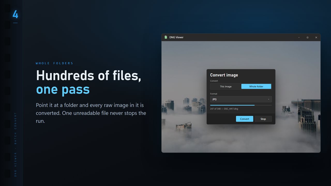 Convert a whole folder in one pass. One unreadable file never stops the run.