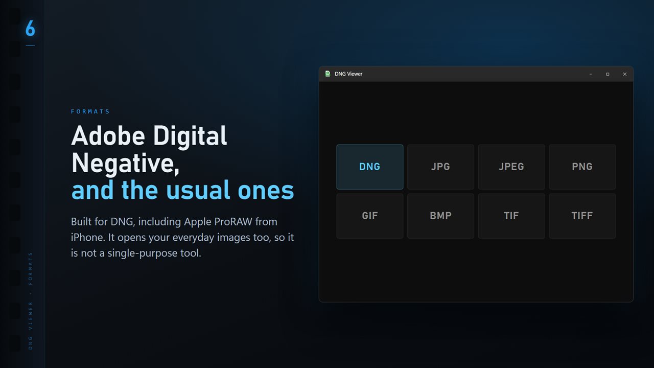 DNG plus the everyday formats: JPG, PNG, GIF, BMP and TIFF.