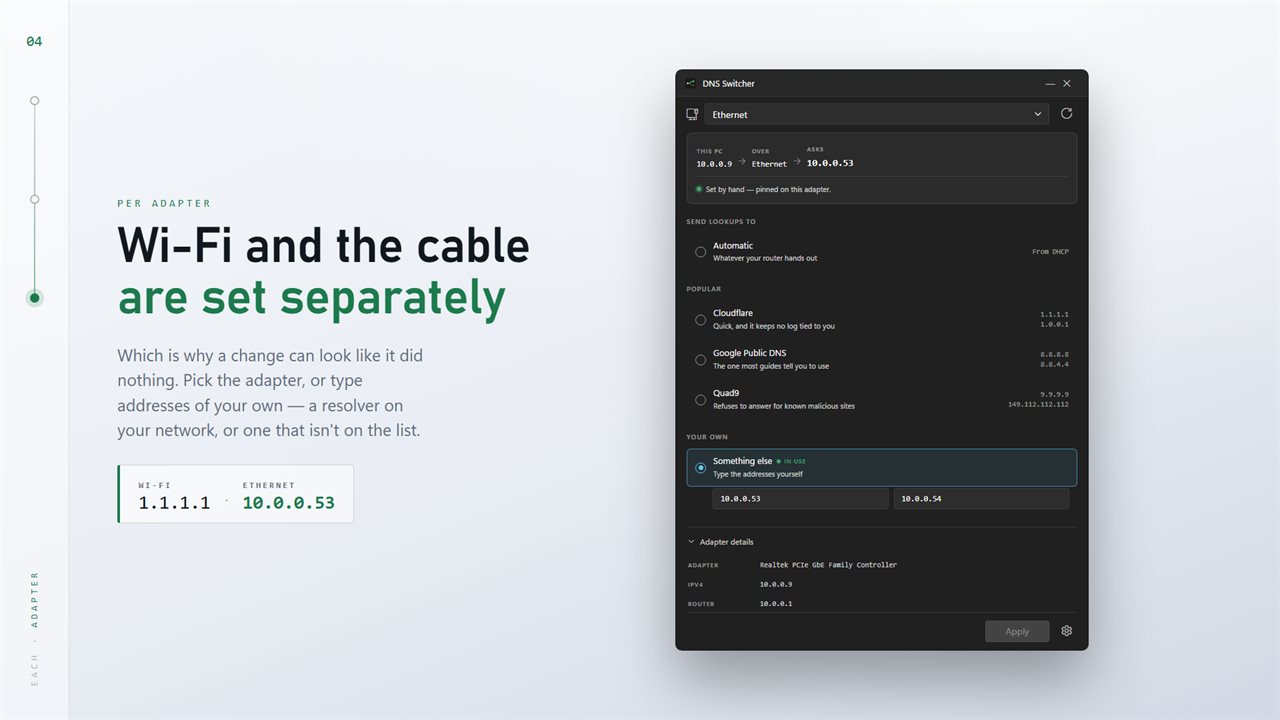 Wi-Fi and the cable are set separately. Or type addresses of your own.