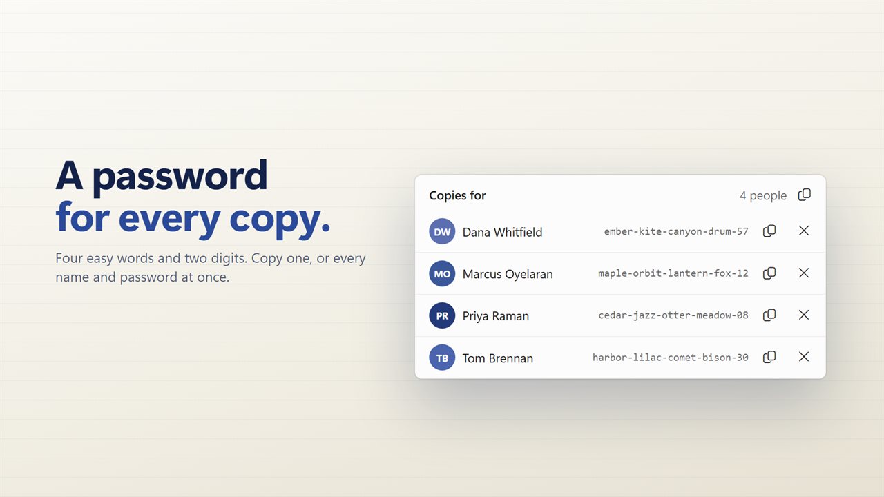 A password for every copy, easy to read out.