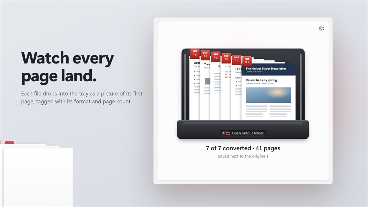 Every result lands in the tray, with its first page and page count.
