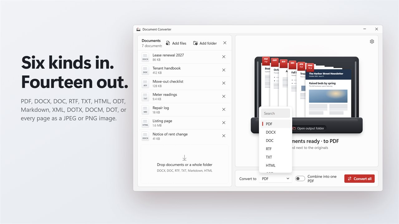 DOCX, DOC, RTF, TXT, Markdown and HTML in. Fourteen formats out.