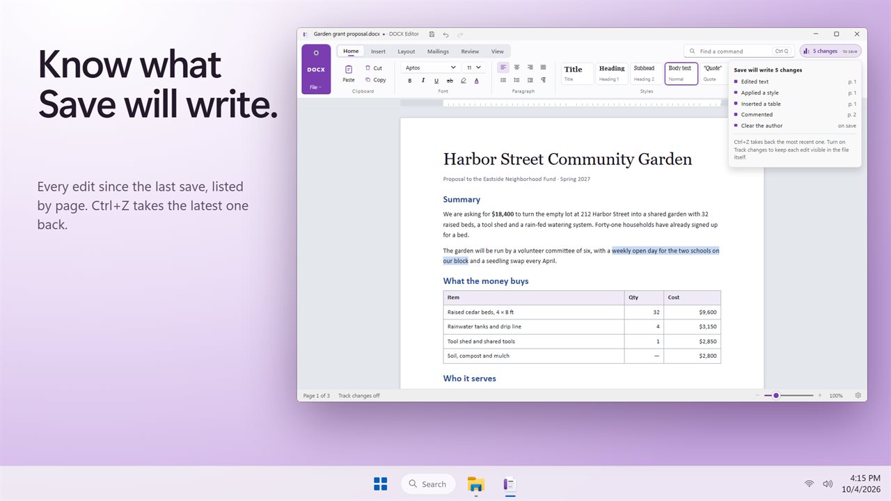 The Changes list shows exactly what Save will write.