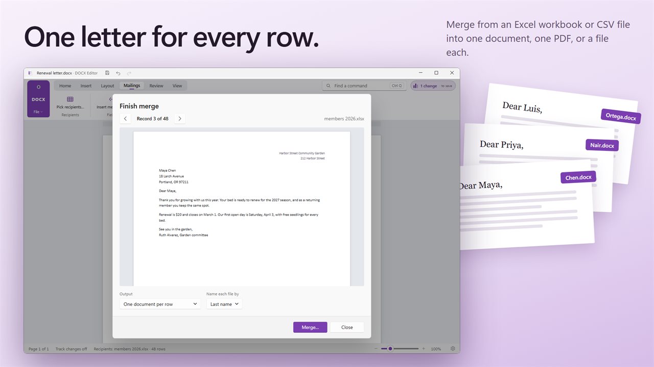 Mail merge from Excel or CSV into one document, one PDF, or a file per row.