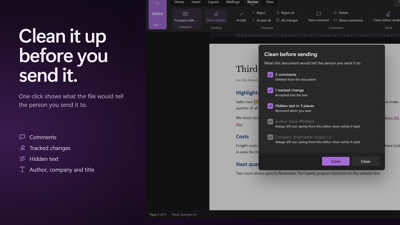 Clean before sending: comments, tracked changes, hidden text and author details.