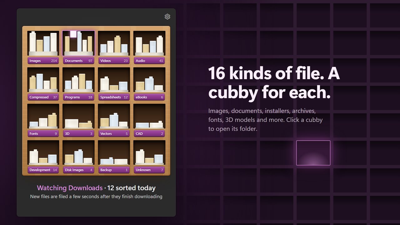 16 kinds of file, each with its own cubby. Click one to open its folder.