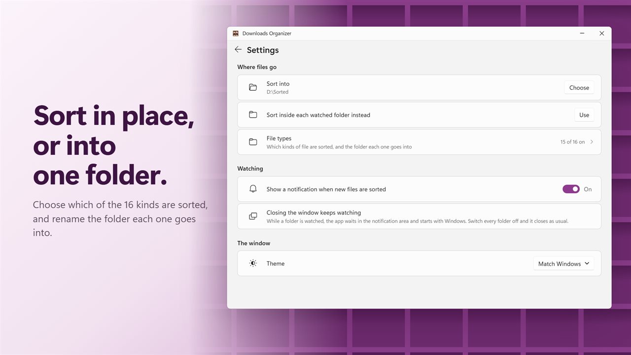 Sort in place or into one folder, and choose which kinds are sorted.