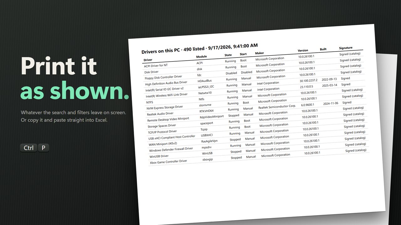Print the list as shown, or copy it into Excel.