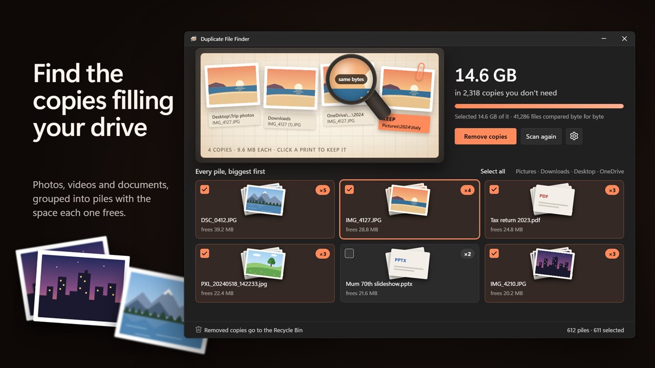 Find the duplicate photos and files filling your drive.