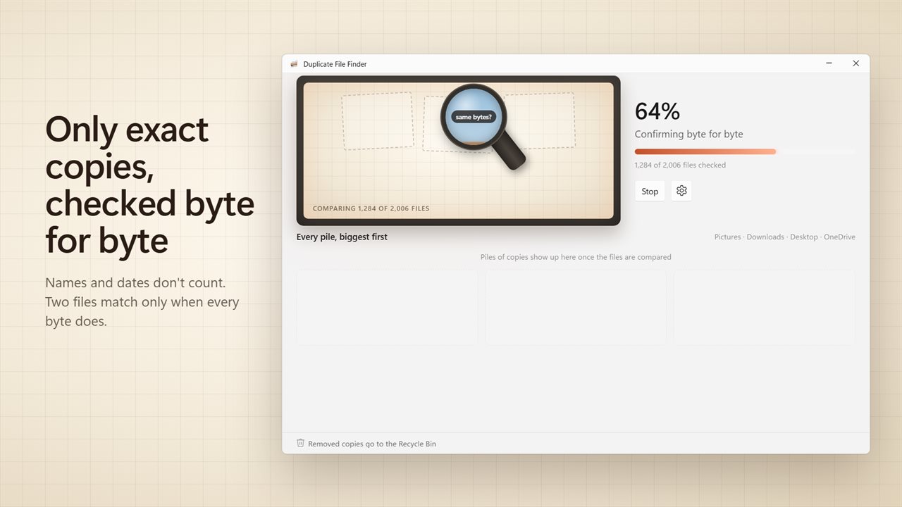 Only exact copies, checked byte for byte.