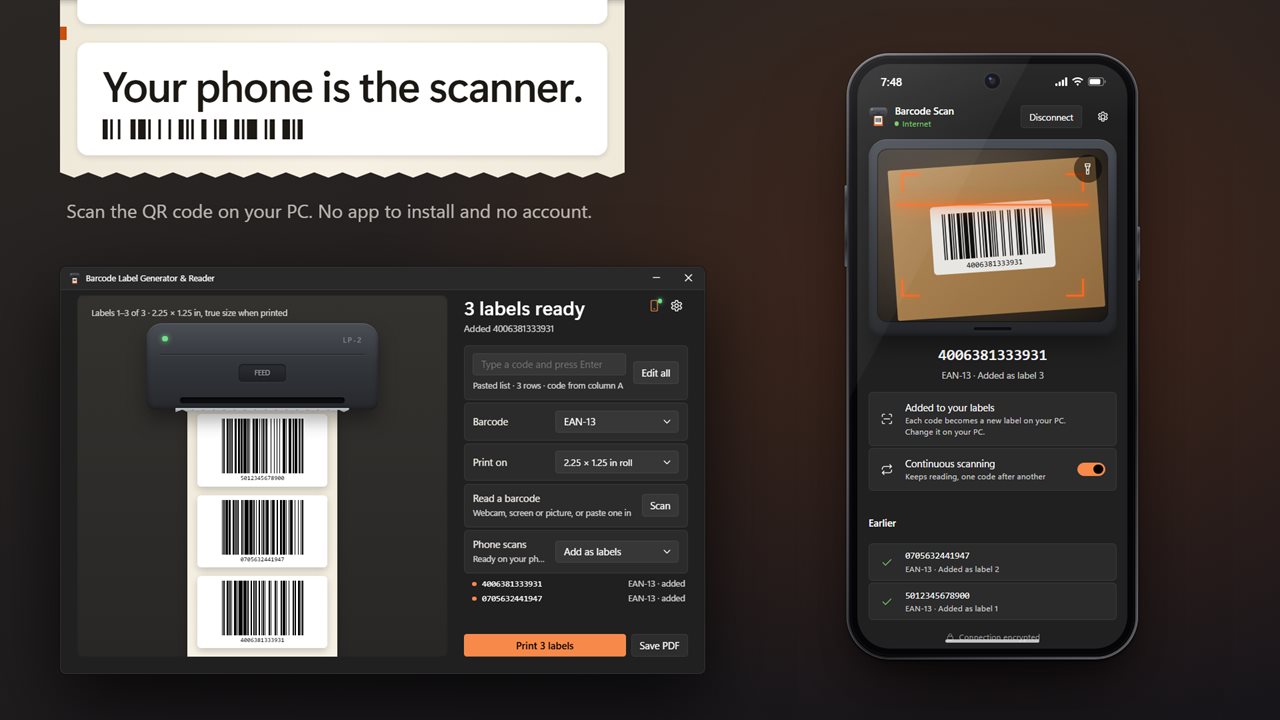 Your phone is the scanner. No app to install and no account.
