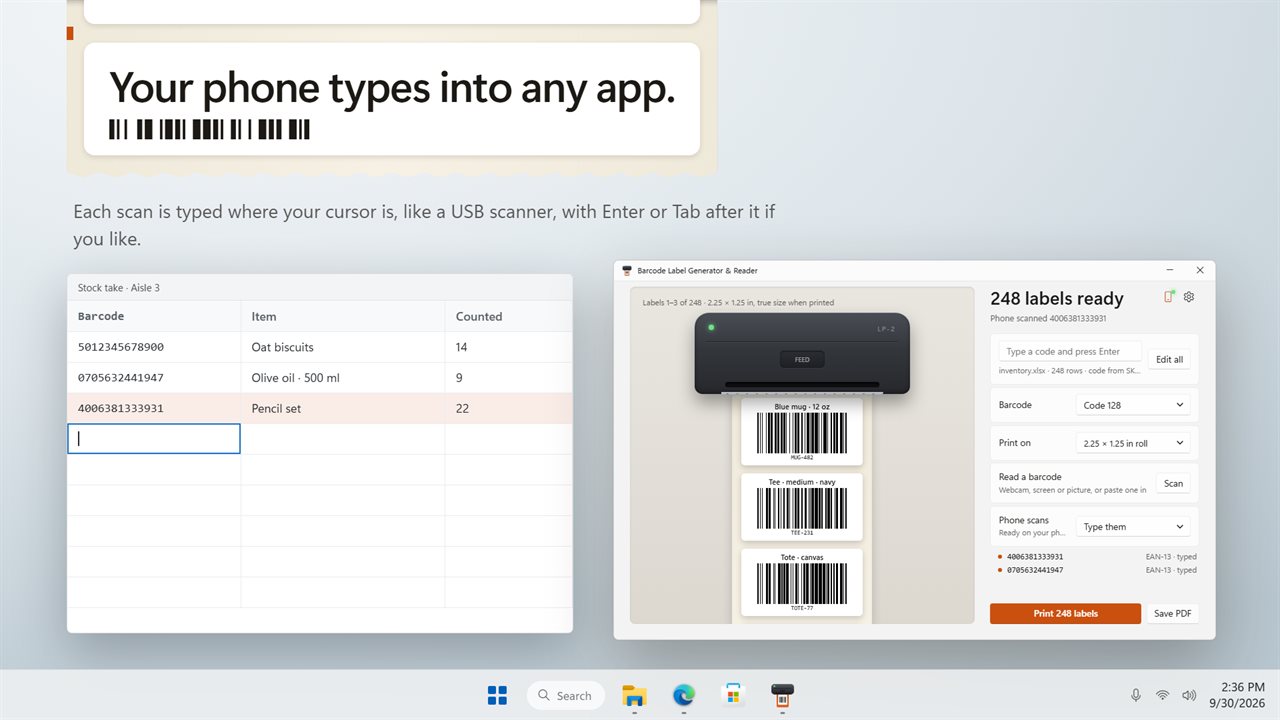 Scans from your phone type into any app, like a USB scanner.