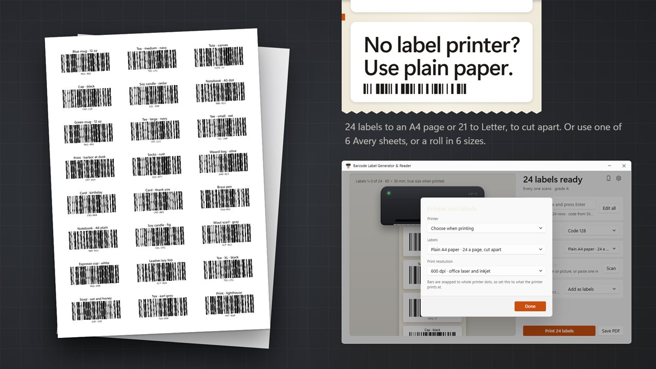 No label printer? Print 24 to an A4 page or 21 to Letter, or use Avery sheets.