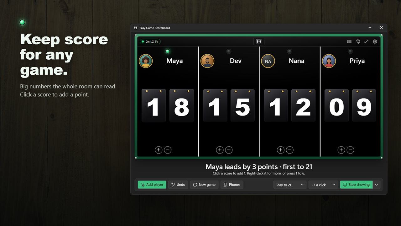 Big, clear scores for any game. Click to add a point.