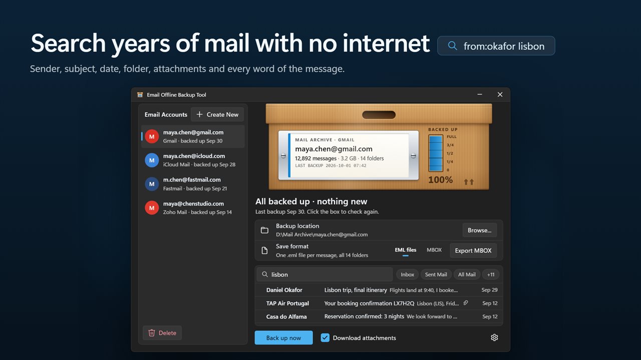 Search years of mail with no internet.