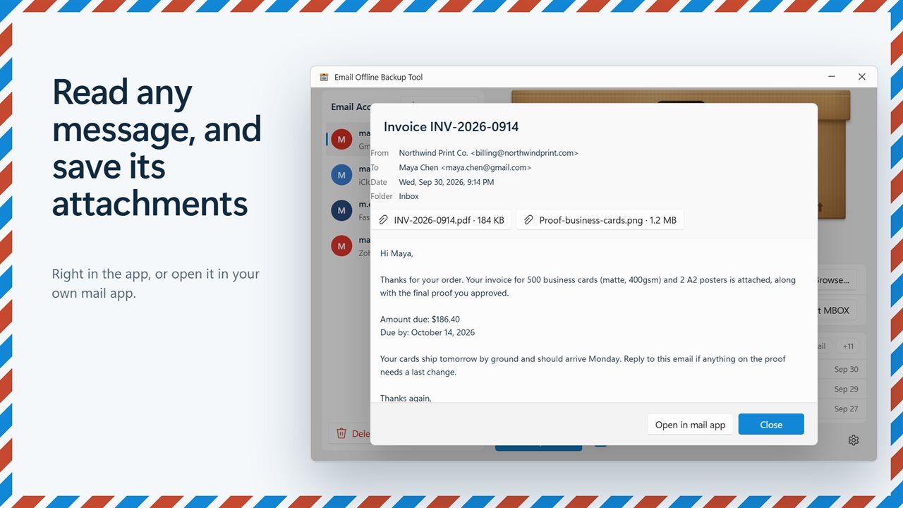 Read any message and save its attachments.