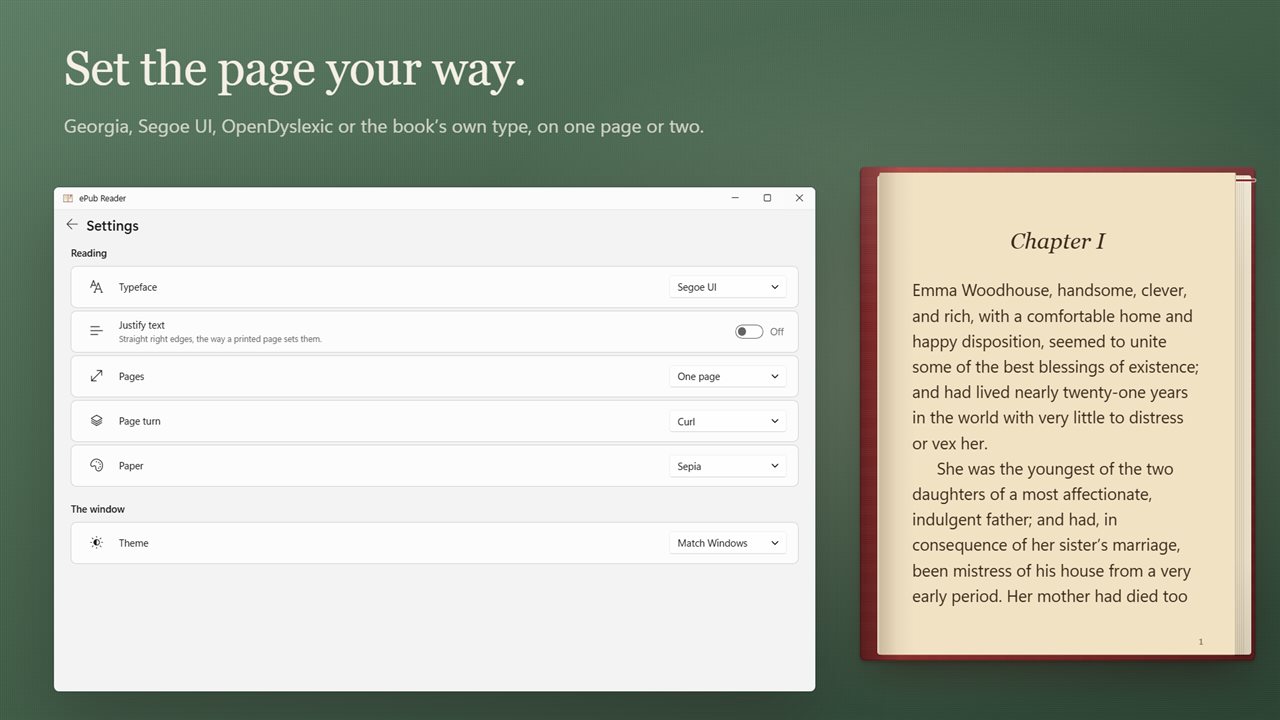 Choose the typeface, one page or two, and how pages turn.