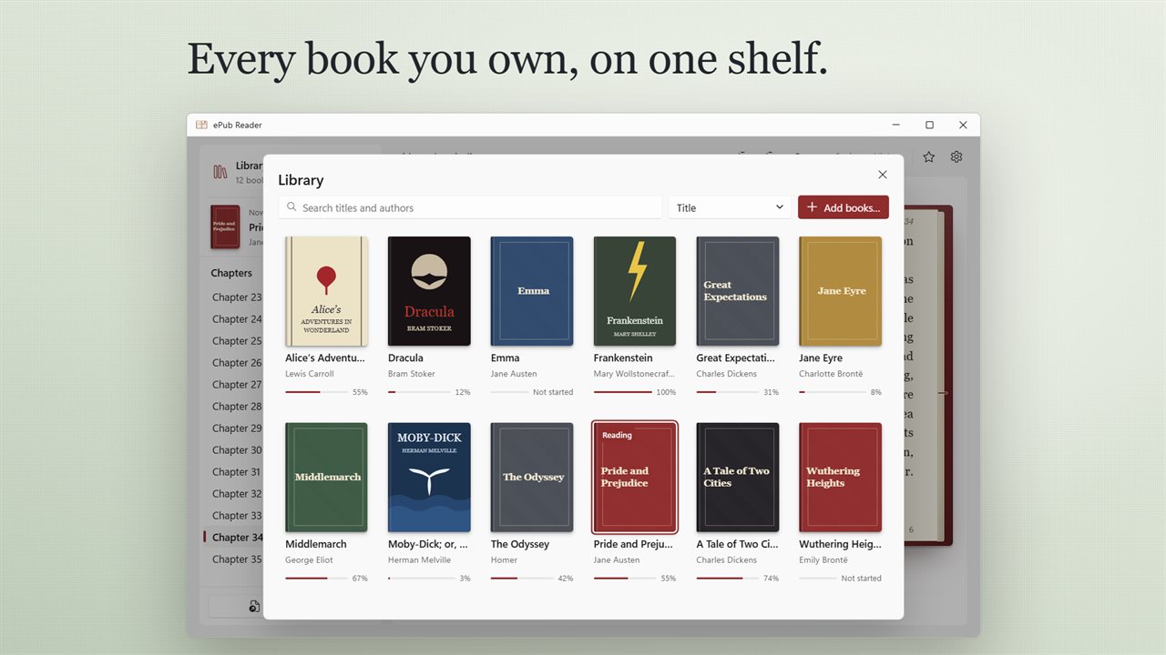 Your library, with each book's cover and how far you have read.