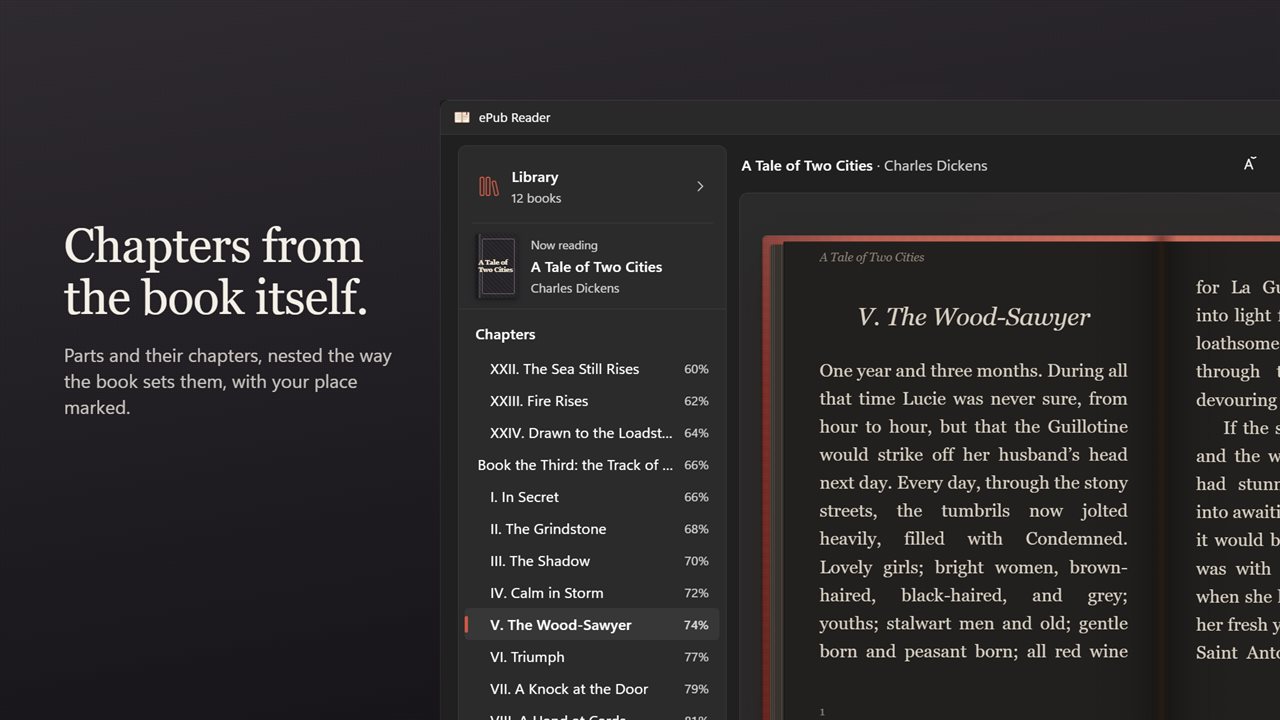 Chapters from the book's own contents, nested, with your place marked.