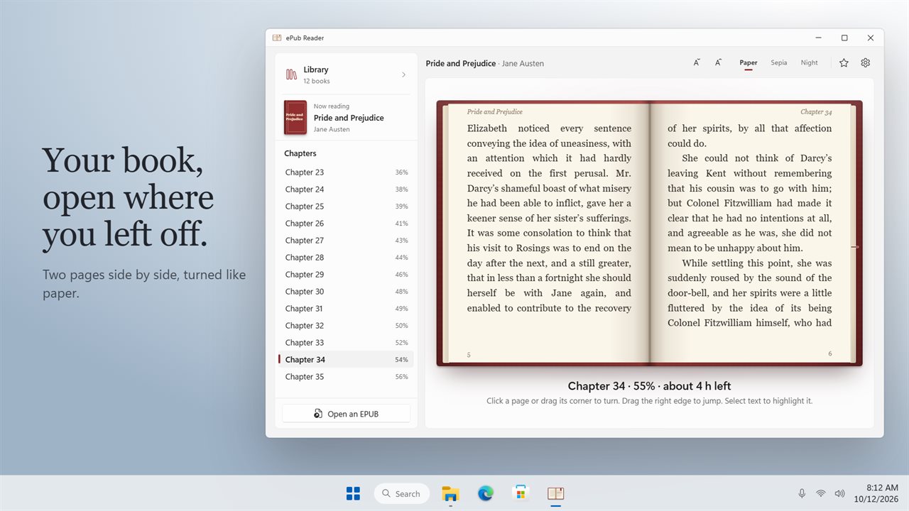 Your book as two pages side by side, open where you left off.