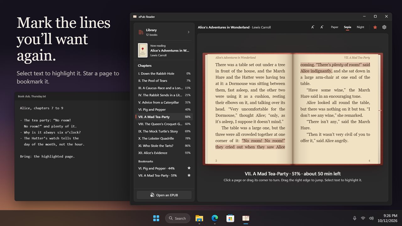 Select text to highlight it, and bookmark a page with the star.