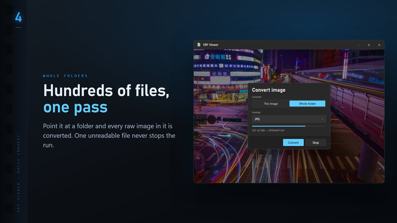 Convert a whole folder in one pass. One unreadable file never stops the run.