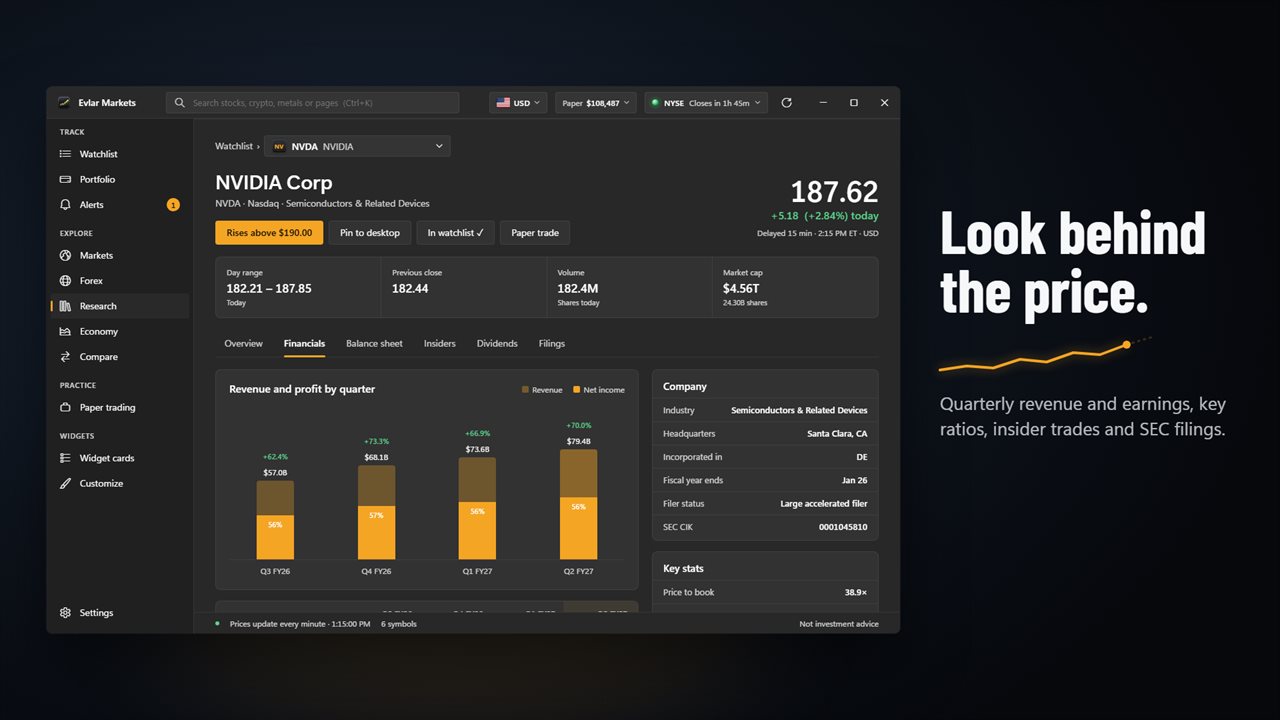 With Pro: quarterly revenue and earnings, key ratios, insider trades and SEC filings.