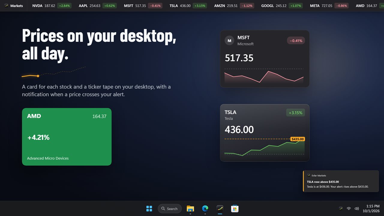 A card for each stock and a ticker tape on your desktop, with a notification when a price crosses your alert.