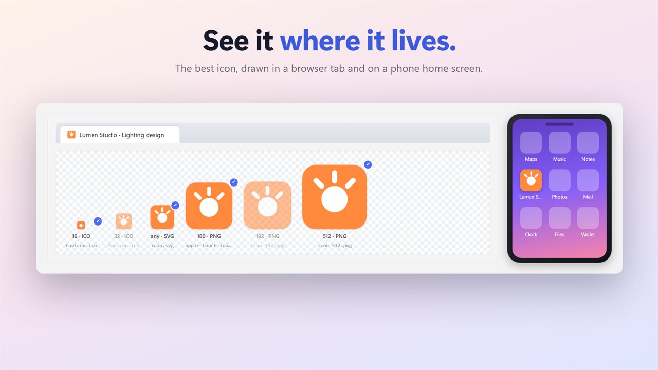 See the best icon in a browser tab and on a phone home screen.
