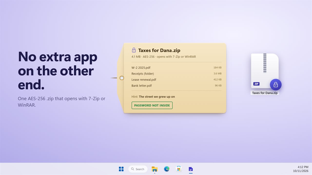 An AES-256 zip that opens with 7-Zip or WinRAR.