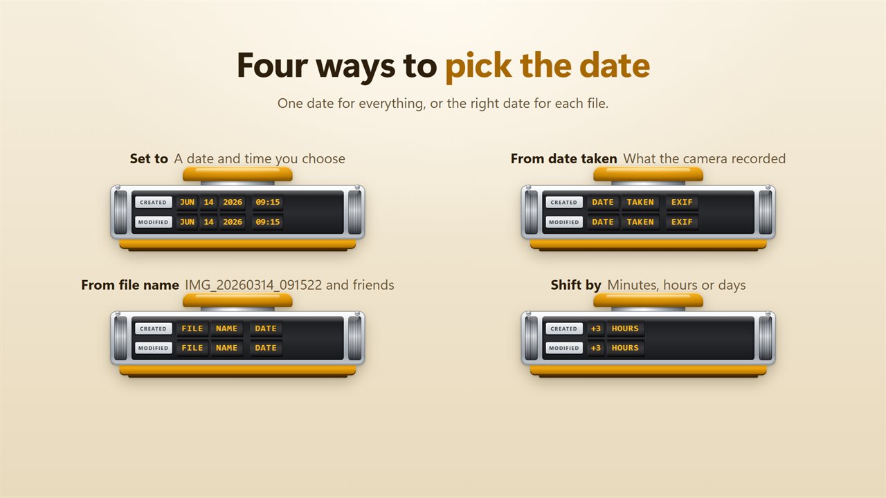 Set a date, use the date taken, read it from the file name, or shift it.
