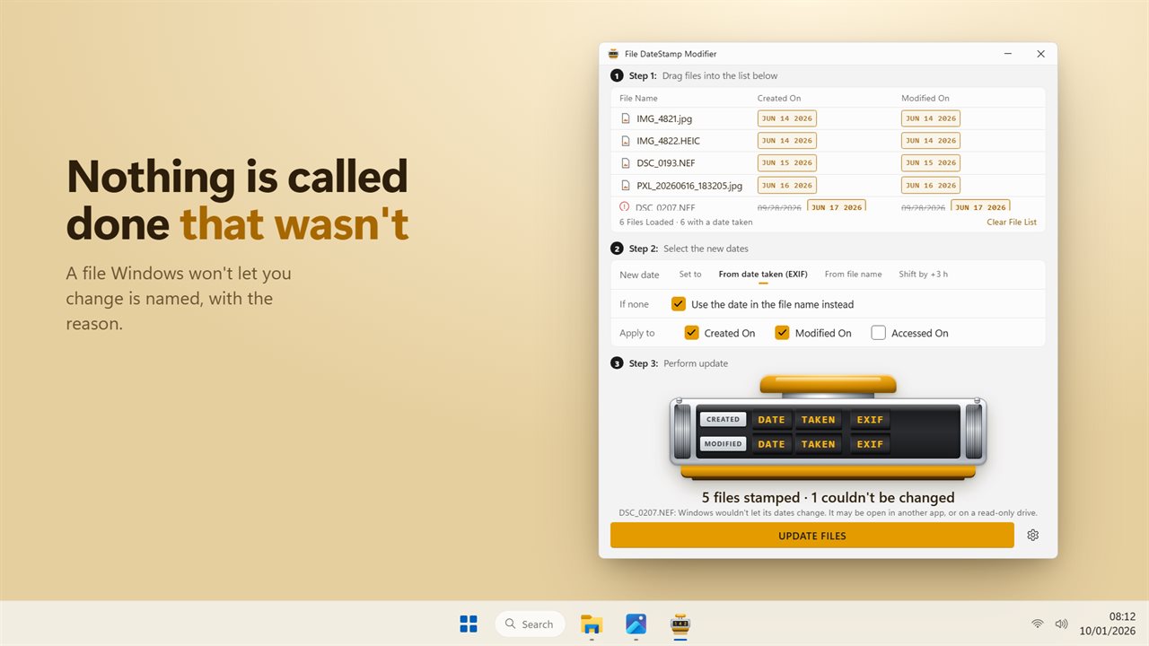 Files that couldn't be changed are named, with the reason.