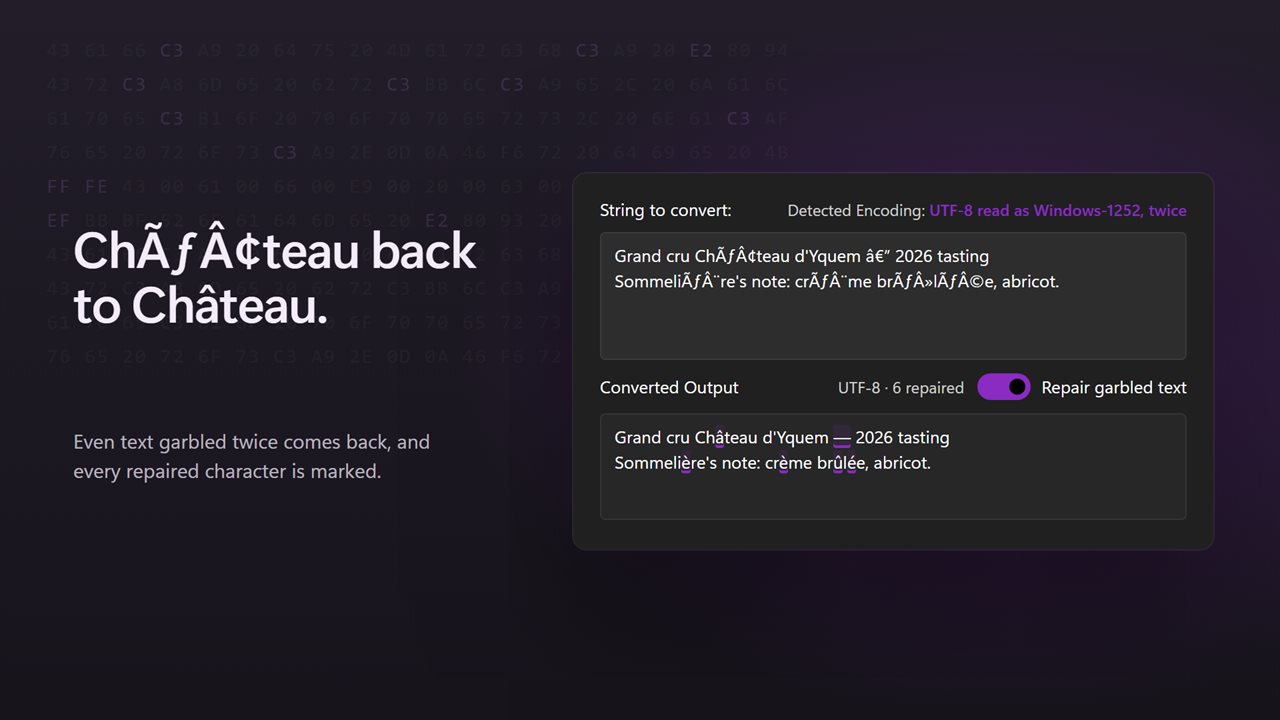 Garbled text comes back, even twice over. Every repair is highlighted.