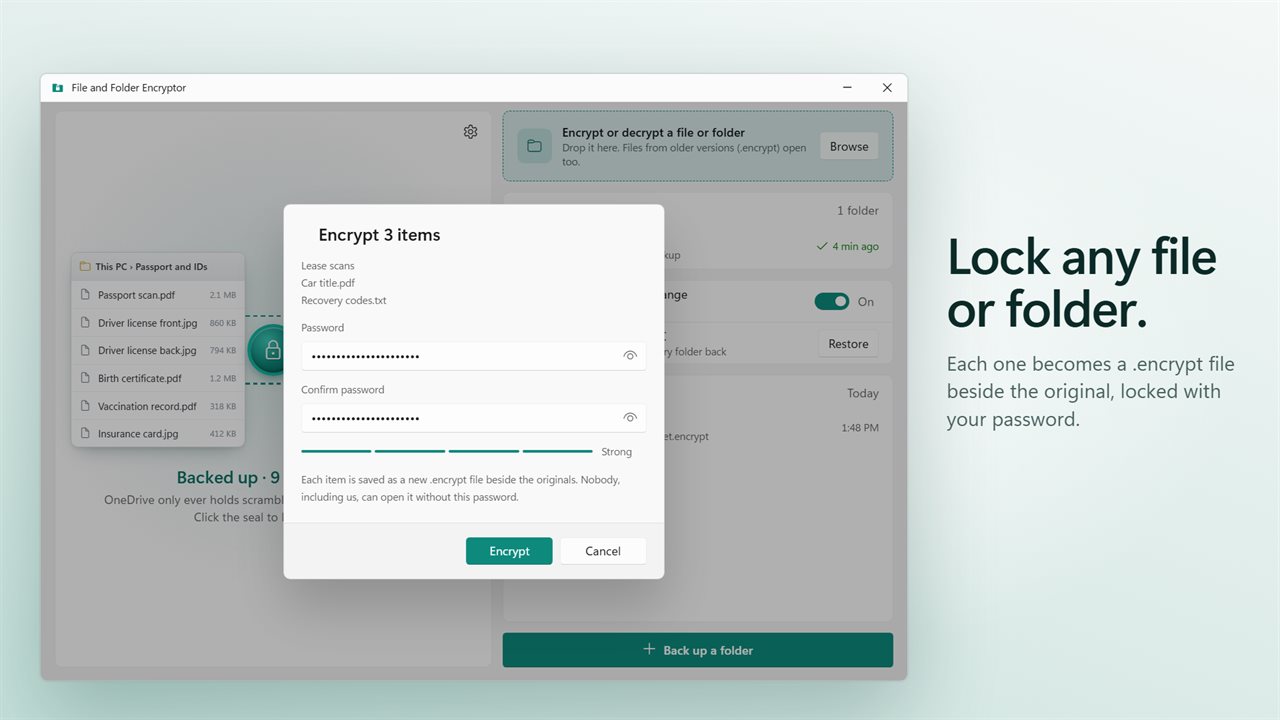 Encrypt any file or folder with a password.