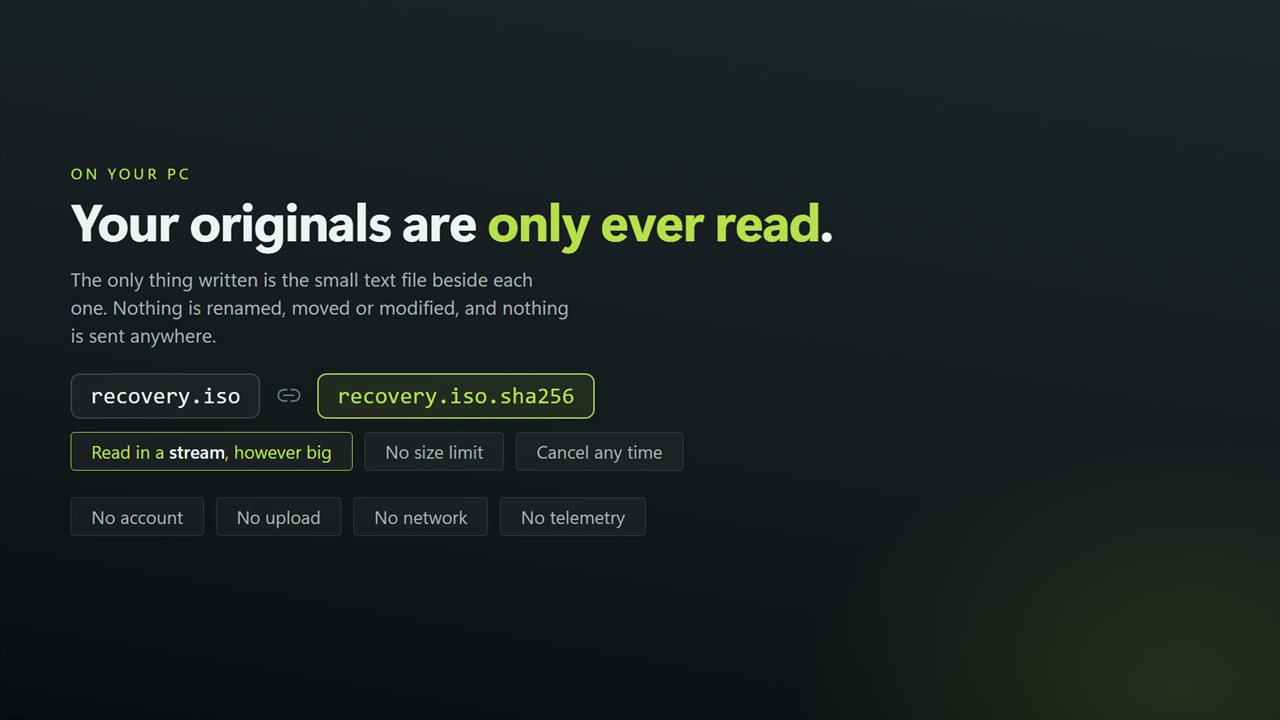 Nothing is uploaded, and your originals are never touched.
