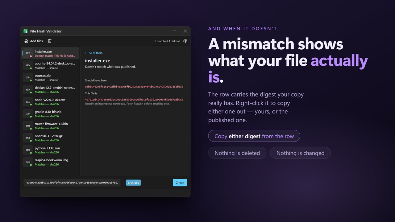 A mismatch shows what your file actually hashes to.