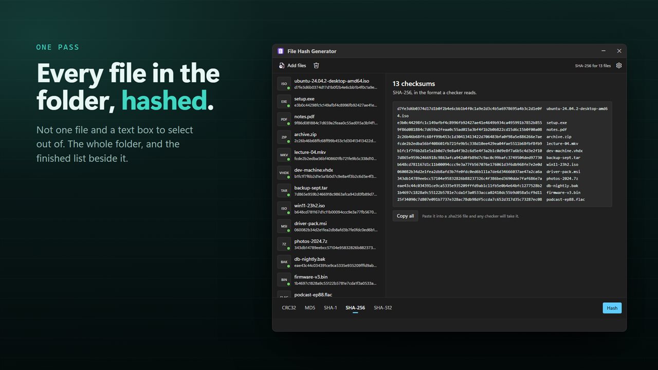 Every file in the folder, hashed in one pass.