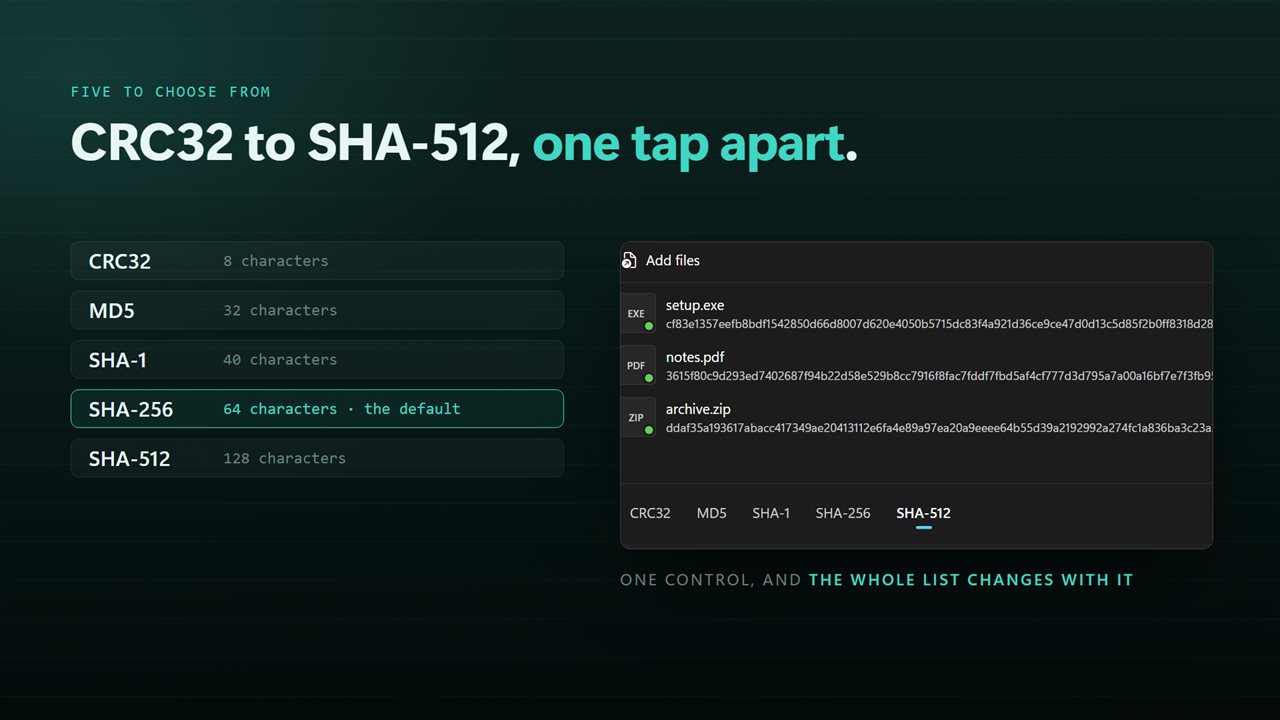 CRC32, MD5, SHA-1, SHA-256 and SHA-512.