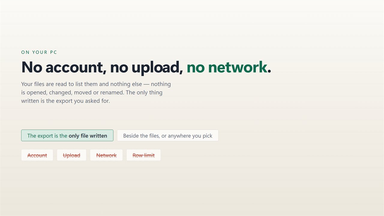 No account, no upload, no server processing. It all happens on your PC.