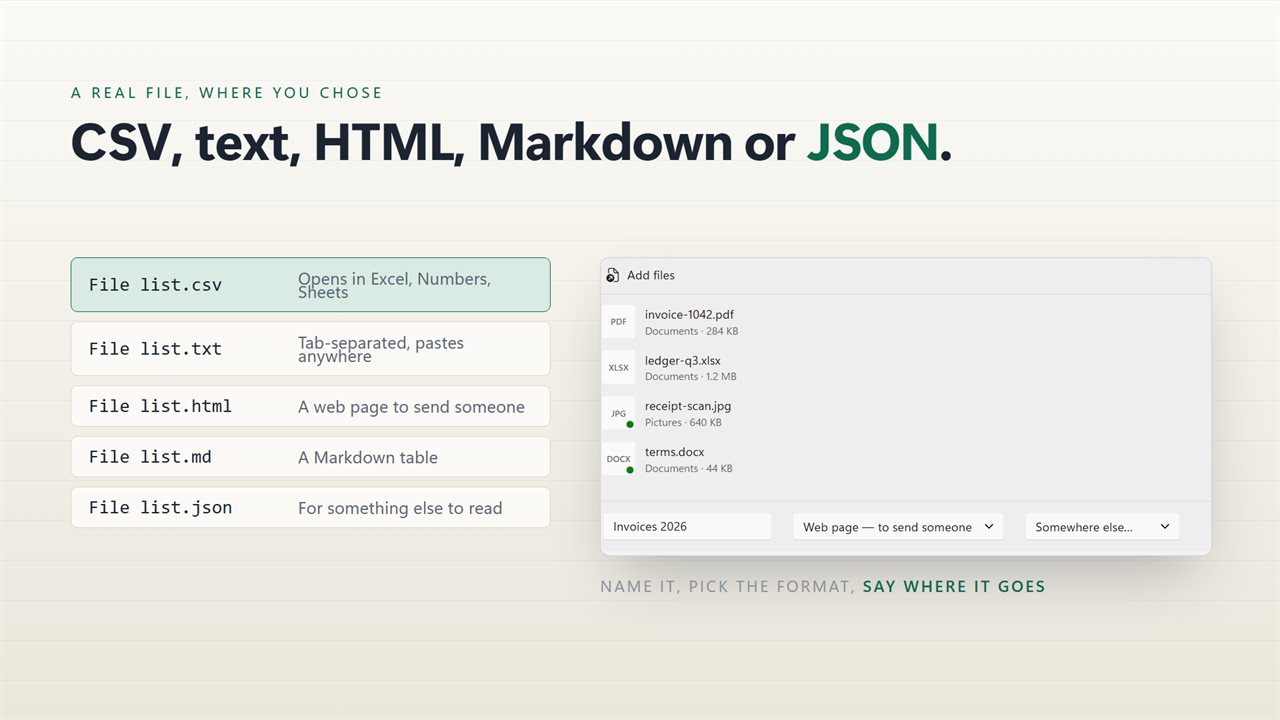 CSV, plain text, HTML, Markdown or JSON. A real file, where you chose.
