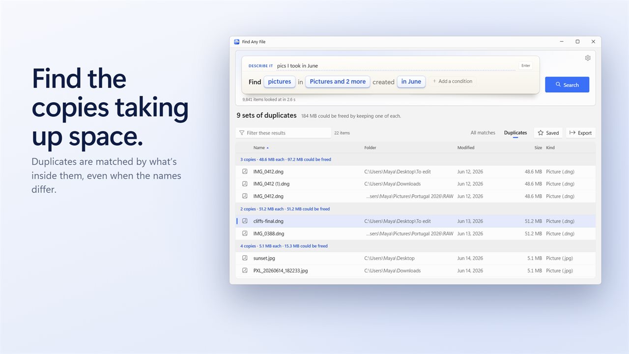 Find duplicate files, and see how much space they waste.